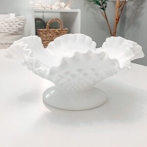 Vintage Fenton Milk Glass Hobnail Pedestal Bowl with Ruffled Edges